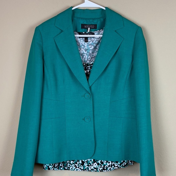 Kasper 2pc Green Blazer Jacket with Matching Pullover Sleeveless Floral Blouse - Picture 1 of 16